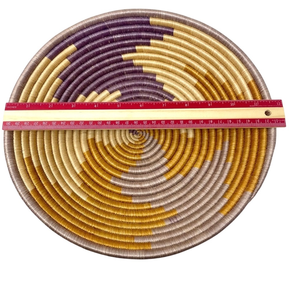 Handwoven Sisal Coil Swirl Basket Wall Decor Natural Fibers Purple Brown 11.5” - Picture 4 of 7